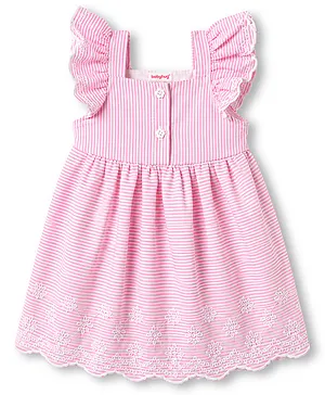 Babyhug Woven Frill Sleeves
                                  Striped & Floral Embroidered Frock
                                  - Pink