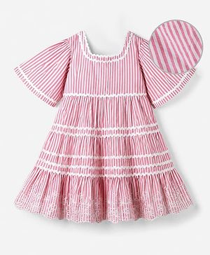 Babyhug 100% Cotton Mixes Woven Half Sleeves One Piece Dress with Floral Embroidery and Striped Print - Pink
