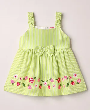 Babyhug Cotton Woven Sleeveless Flared Striped One Piece Frock With Floral & Fruit Embroidery - Green