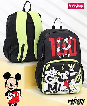 Babyhug Disney Mickey Mouse 16 inches 100% Effort School Backpack | 2 Main Compartment, 1 Front Pocket, 2 Side Bottle Pocket - Black