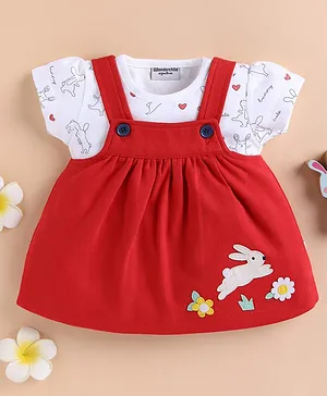 Wonderchild Bunny Applique
                                  Detailed Pinafore Dress With Half
                                  Sleeves Top - White & Red