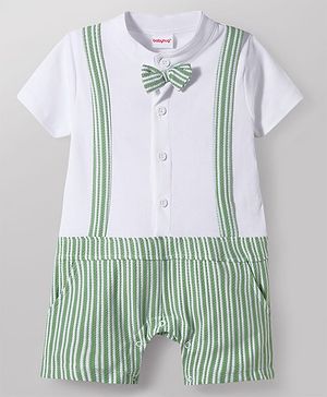 Babyhug Popcorn Knit Half Sleeves Striped Romper with Bow - Multicolor