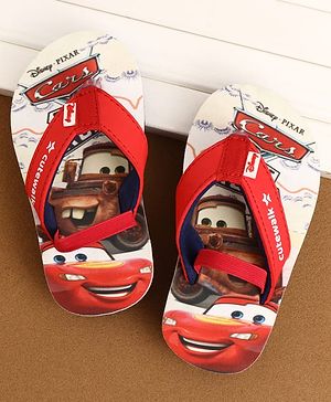 Cute Walk by Babyhug Disney Back Strap Closure Flip Flops With Cars Print - White & Red