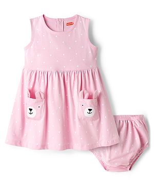 Babyhug Single Jersey Knit Sleeveless Polka Dots Printed Frock With Bloomer - Pink