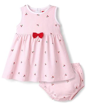 Babyhug Single Jersey Knit Frocks with Bloomer/Short Sleeveless Cherry Print Pink 0-0 Months