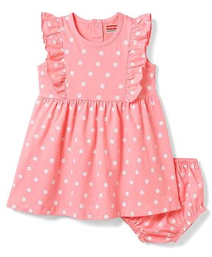 Babyhug Single Jersey Knit Flutter Sleeves Floral Printed Frock With Bloomer - Pink