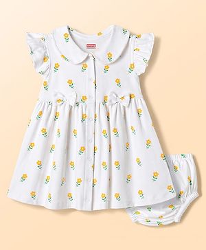 Babyhug Cotton Woven Frocks with Bloomer/Short Frill Sleeves Peter Pan Collar All Over Floral Print White 0-3 Months