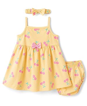 Babyhug Single Jersey Knit Sleeveless Cherry Printed Bow Applique Frock With Bloomer & Headband - Yellow