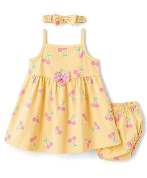 Babyhug Single Jersey Knit
                                  Sleeveless Cherry Printed Bow Applique
                                  Frock With Bloomer & Headband -
                                  Yellow
