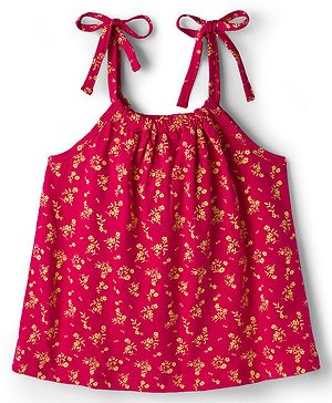 Pine Kids Cotton Knit Sleeveless Floral Printed Top - Red