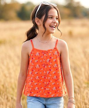 Pine Kids 100% Cotton Knit Sleeveless Floral Printed Top - Orange