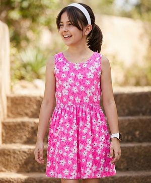 Pine Kids Cotton Knit Sleeveless Floral Printed Frock- Pink & White