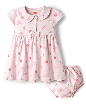 Babyhug Cotton Knit Frocks with Bloomer/Short Cap Sleeves Peter Pan Collar All Over Prints Pink Newborn