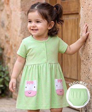 Babyhug Single Jersey Knit Half Sleeves Polka Dots Printed Frock With Bloomer & Cow Patch - Light Green