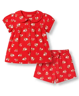 Babyhug Cotton Knit Half Sleeves
                              Peter Pan Collared Top & Shorts Co-Ord
                              Night Suit With Floral Print - Red