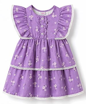 Babyhug 100% Cotton Woven One Piece Dress with Ruffled Sleeves and Floral Print Lavender 12-18 Months
