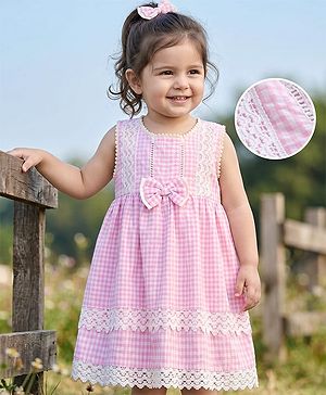 Babyhug Cotton Woven Sleeveless Checks One Piece Frock With Bow Applique & Lace Detailing - Pink