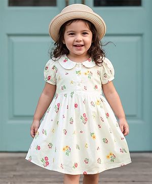 Babyhug Cotton Woven Half Puff Sleeves Floral Printed Frock With Peter Pan Collar - White