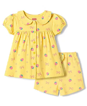 Babyhug Cotton Knit Half Sleeves
                              Front Open Strawberry Printed Co-Ords Top
                              & Shorts Night Suit - Yellow