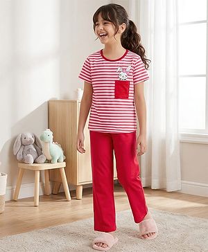 Pine Kids Cotton Knit Half Sleeves Top & Pyjama Night Suit with Bunny Print - White