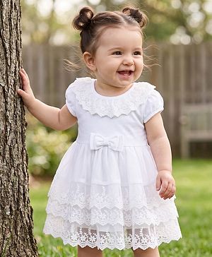 Babyhug Mesh Woven Sleeveless Frock Style Party Onesie with Floral Lace Detailing & Bow Applique - White