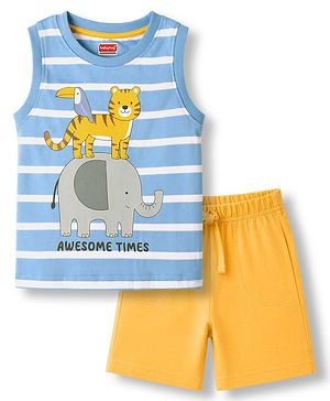 Babyhug Single Jersey Knit Sleeveless Striped Animal Printed Tank T-Shirt & Shorts Set - Light Blue & Yellow