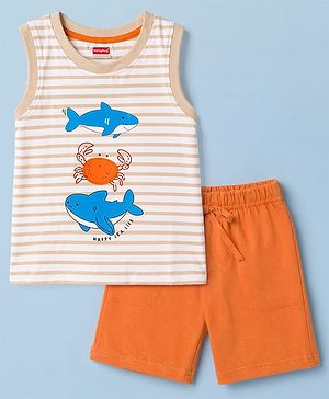 Babyhug Slub Jersey Knit Sleeveless Striped Sea Life Printed Tank T-Shirt & Shorts Set - Multicolor