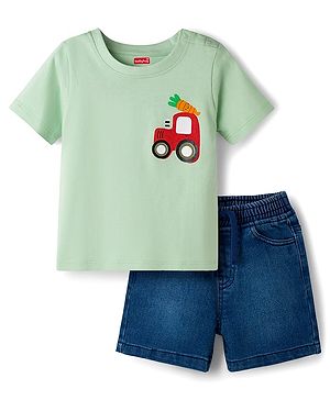 Babyhug Single Jersey Knit Half Sleeves T-Shirt & Denim Shorts Set with Tractor Print - Green & Blue