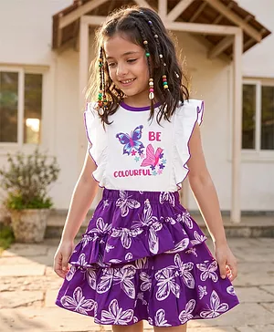 OLLINGTON ST. Cotton Knit Frill Half
                              Sleeves Top With Print & Skirt Set -
                              White & Purple