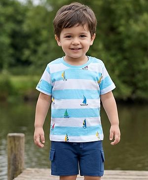 Babyhug 100% Cotton Knit Half Sleeves Striped & Nautical Theme Printed T-Shirt & Shorts Set With Cargo Pockets - Light & Navy Blue