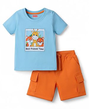 Babyhug Single Jersey Knit Half Sleeves T-Shirt & Shorts Set with Animal Print - Blue & Orange