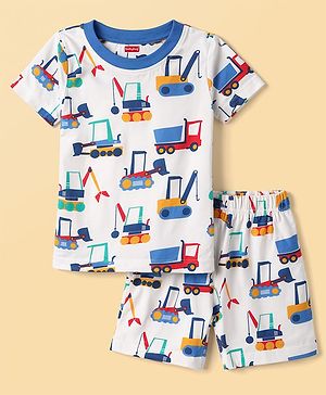 Babyhug Cotton Knit Half Sleeves Co-Ord T-Shirt & Shorts Night-Suit With JCB Print - Offwhite