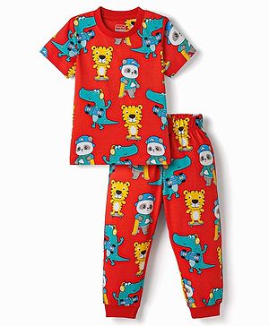 Babyhug Cotton Knit Half Sleeves T-Shirt & Pyjama Co-ord Night Suit With Animal Print - Red