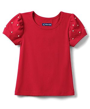 Pine Kids Cotton Knit Tops with Puffed Sleeves and Embellishments Red 4-5 Years