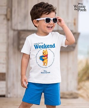 Babyhug Disney Terry Knit Half Sleeves T-Shirt & Shorts Set with Winnie The Pooh Grapichs - White & Blue
