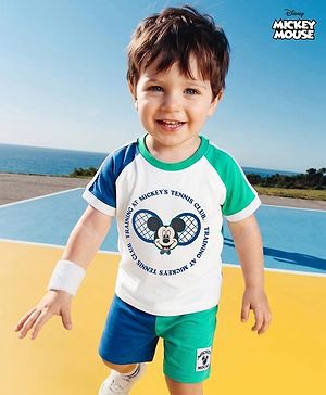 Babyhug Disney 100% Cotton Knit Half Raglan Sleeves T-Shirt & Shorts Set With Mickey Mouse Graphic - Blue & Sea Green