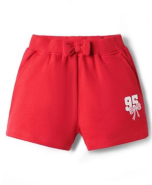 Babyhug Terry Knit Mid Thigh Shorts with Bow Applique & Number Print - Red