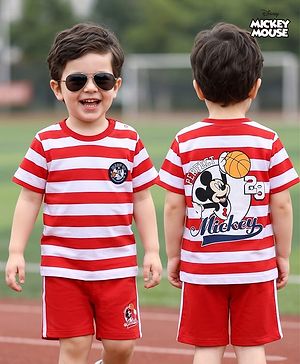 Babyhug Disney Single Jersey Knit Half Sleeves T-Shirt & Shorts Set with Front & Back Mickey Mouse Print - Red & White