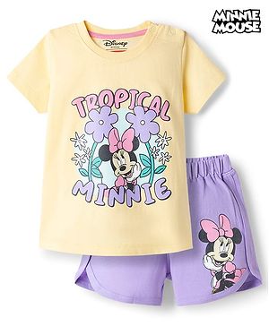 Babyhug Disney Single Jersey Knit Half Sleeves T-Shirt & Shorts Set with Minnie Mouse Graphics - Multicolor