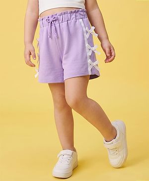 Babyhug 100% Cotton Terry Knit Mid Thigh Solid Shorts With Bow Applique - Lavender