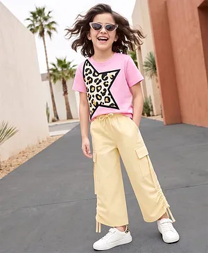 OLLINGTON ST. Cotton Knit Half
                              Sleeves Top With Print & Culotte Set -
                              Pink & Beige