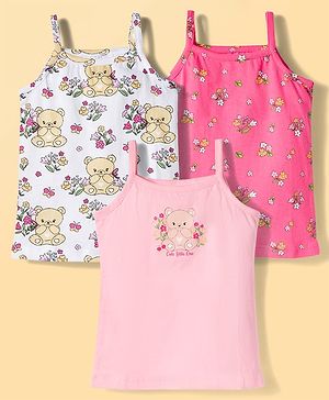 Babyhug 100% Cotton Single Jersey Knit Sleeveless Slips With Teddy & Floral Print Pack of 3 - Multicolor
