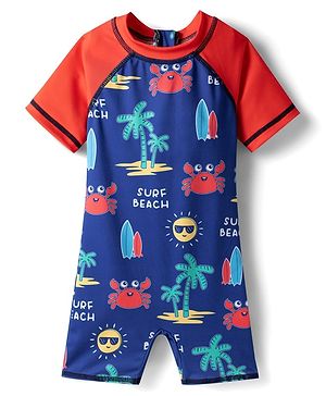 Babyhug Water Repellant Half Raglan Sleeves Legged Swimsuit with Crab Print - Navy Blue