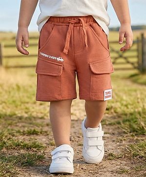 Babyhug Terry Knit Mid Thigh Vehicles Printed Shorts With Cargo Pockets - Brown