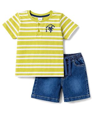 Babyhug Popcorn Knit Half Sleeves Striped T-Shirt & Denim Shorts - Limegreen & Blue