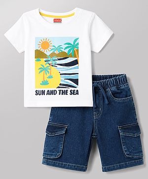 Babyhug Single Jersey Knit Half Sleeves T-Shirt & Denim Shorts Set With Beach Theme - White & Blue