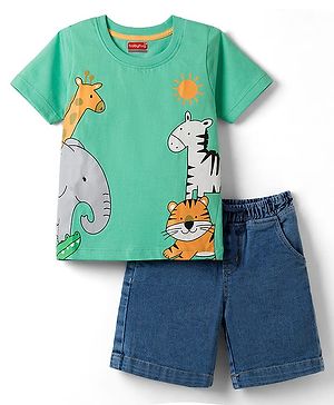 Babyhug Single Jersey Knit Half Sleeves T-Shirt & Shorts Set With Animal Print - Green & Blue