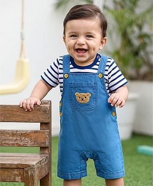 Babyhug Interlock Knit Half Sleeves Striped T-Shirt & Dungaree Set With Bear Patch - Multicolor