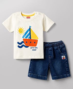Babyhug Single Jersey Knit Half Sleeves T-Shirt & Denim Shorts Set With Beach Theme - White & Blue