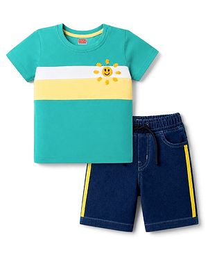 Babyhug Single Jersey Knit Half Sleeves Striped T-Shirt & Denim Shorts Set With Sun Embroidery - Green & Blue